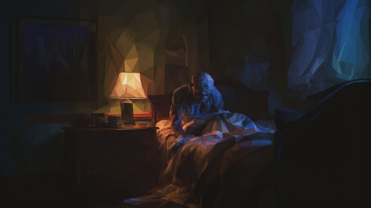 Bo Knows still: man sitting up in bed at 3am, low-poly geometric style