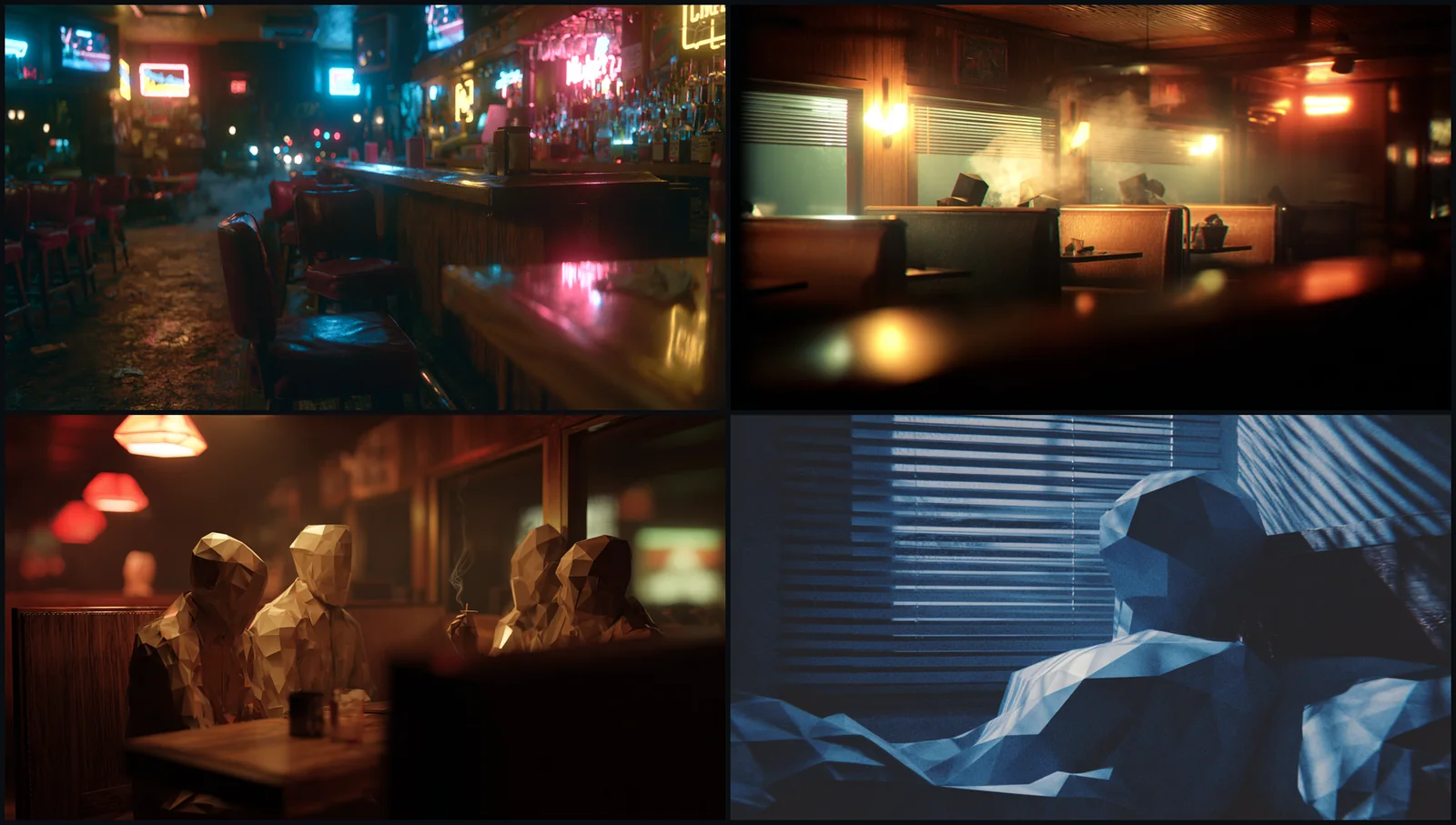 Four up board of bar location explorations: neon interior, empty booths, and two staged booth scenes