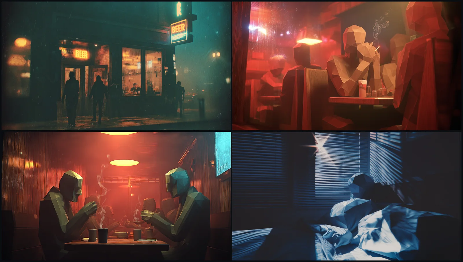 Four up board of story beats: rainy bar exterior, red smoky booth, teal booth conversation, blue 3am bedroom
