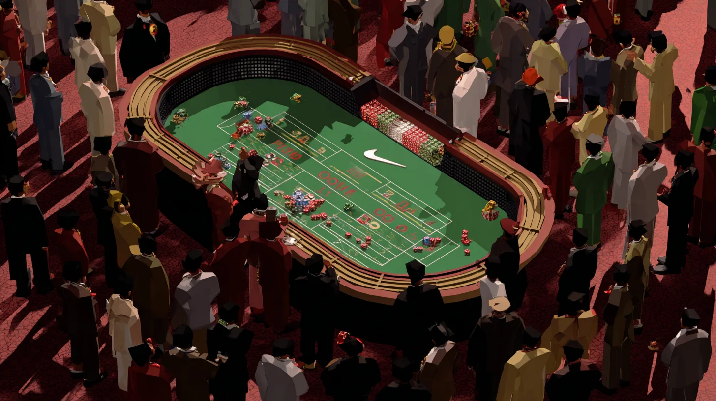 Bo Knows tease frame: overhead 1988 Vegas craps table on red casino floor