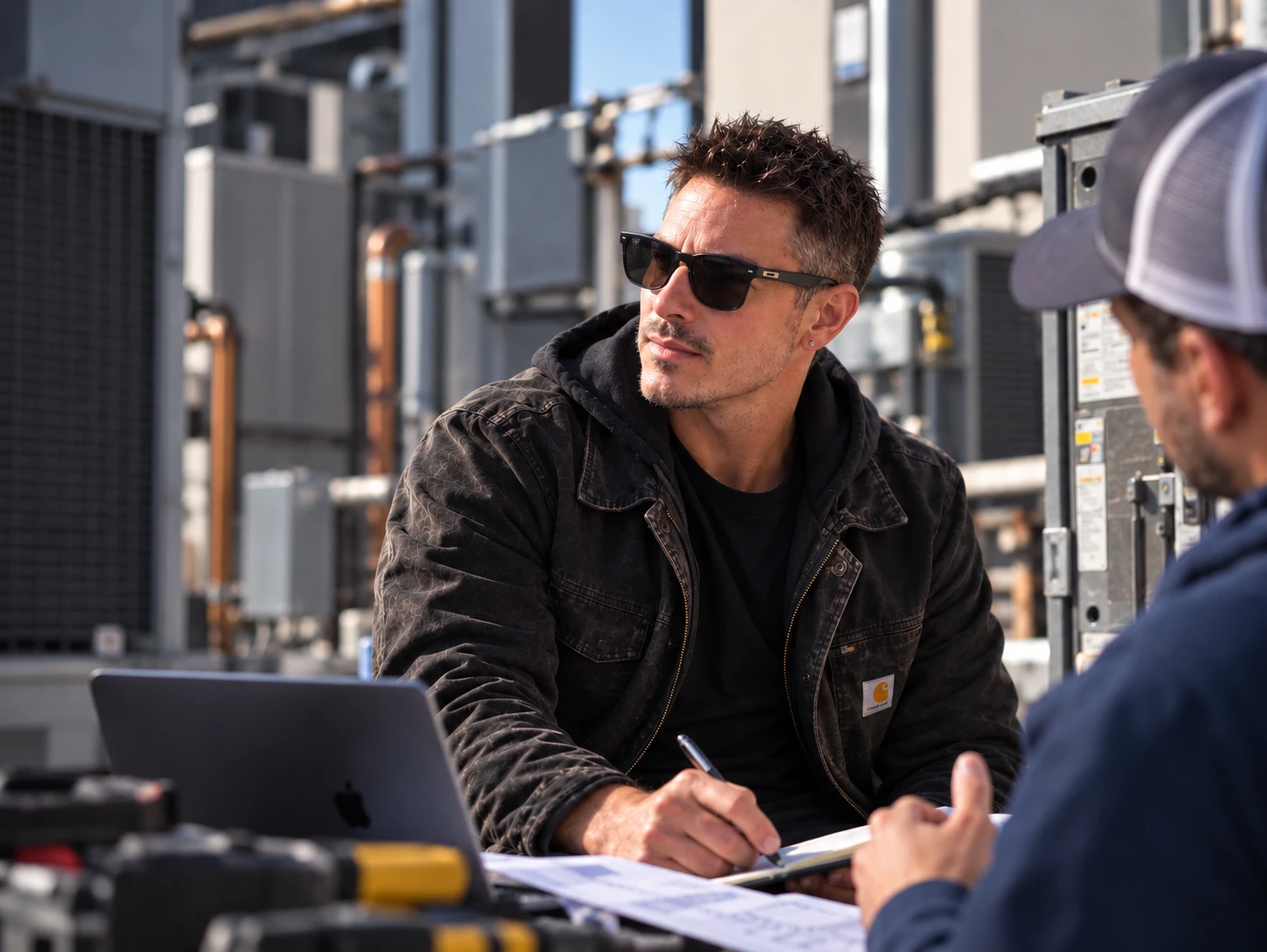 Sean Sullivan taking notes alongside an HVAC technician on a commercial rooftop