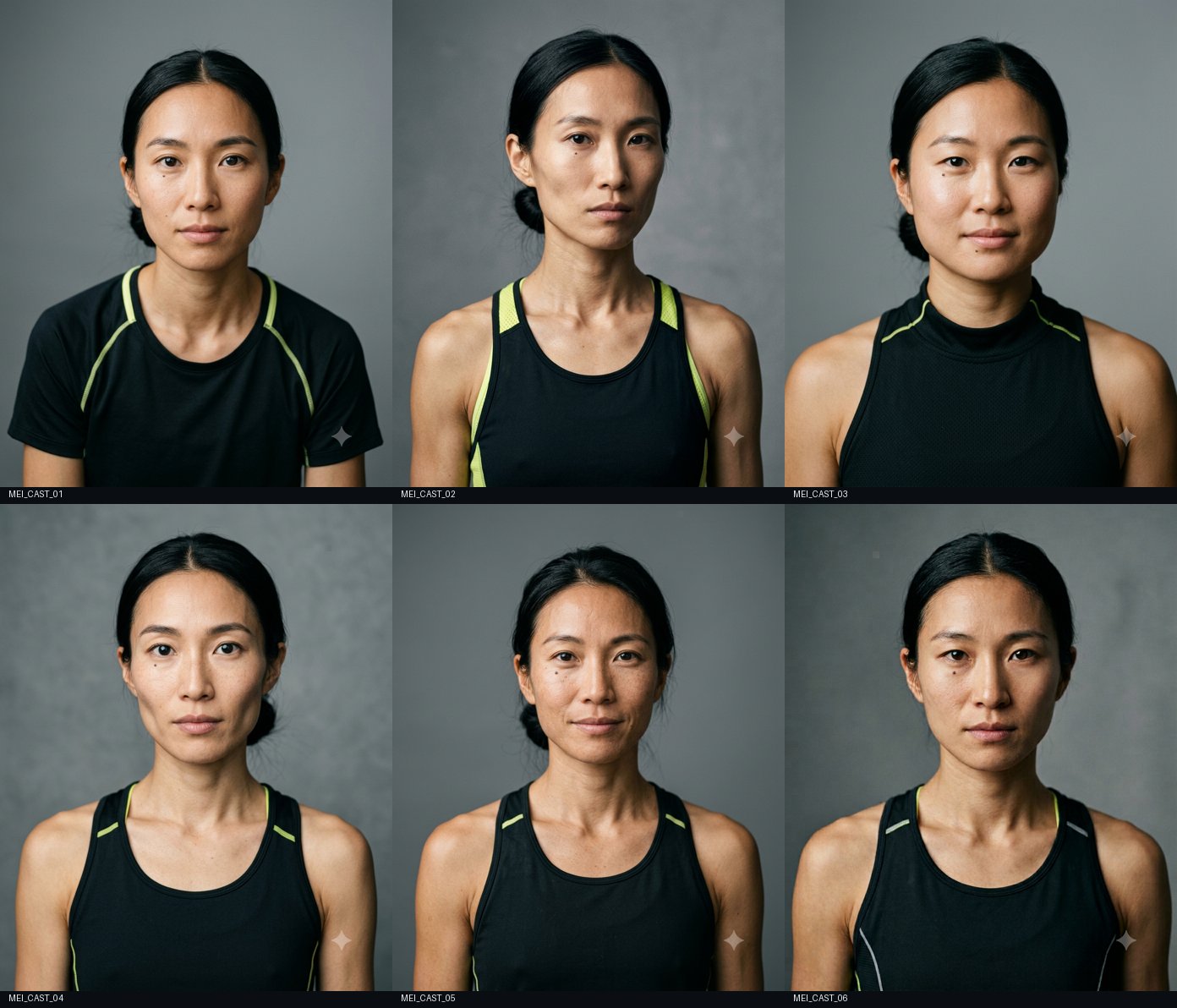Casting sheet of six AI-generated candidates