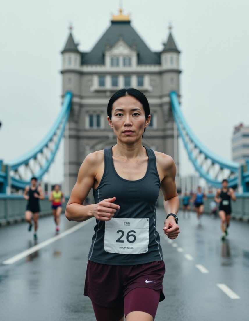 Mei on Tower Bridge in grey top and burgundy shorts