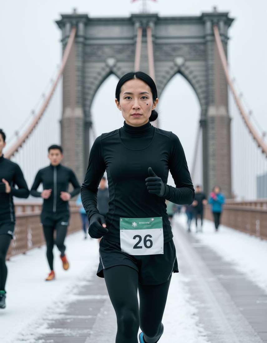 Mei leading a winter marathon across the Brooklyn Bridge in snow