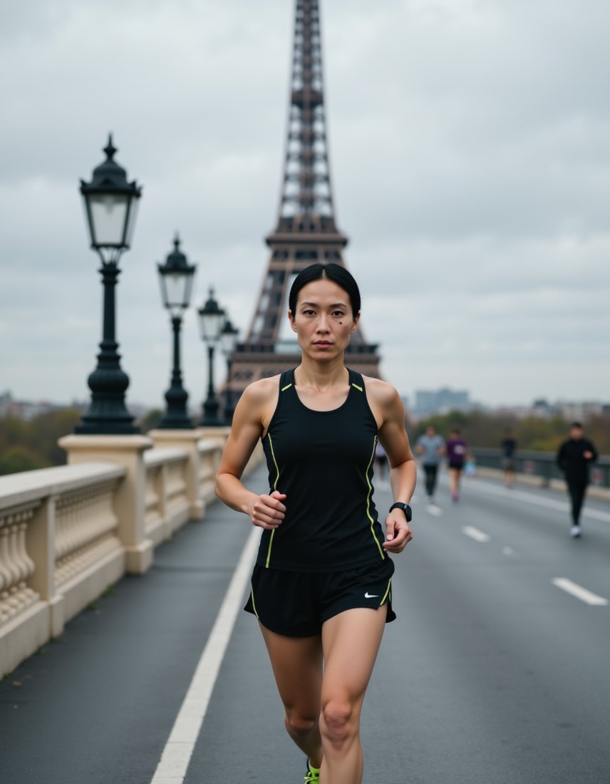 Mei on Pont d'Iena with the Eiffel Tower under grey-purple skies
