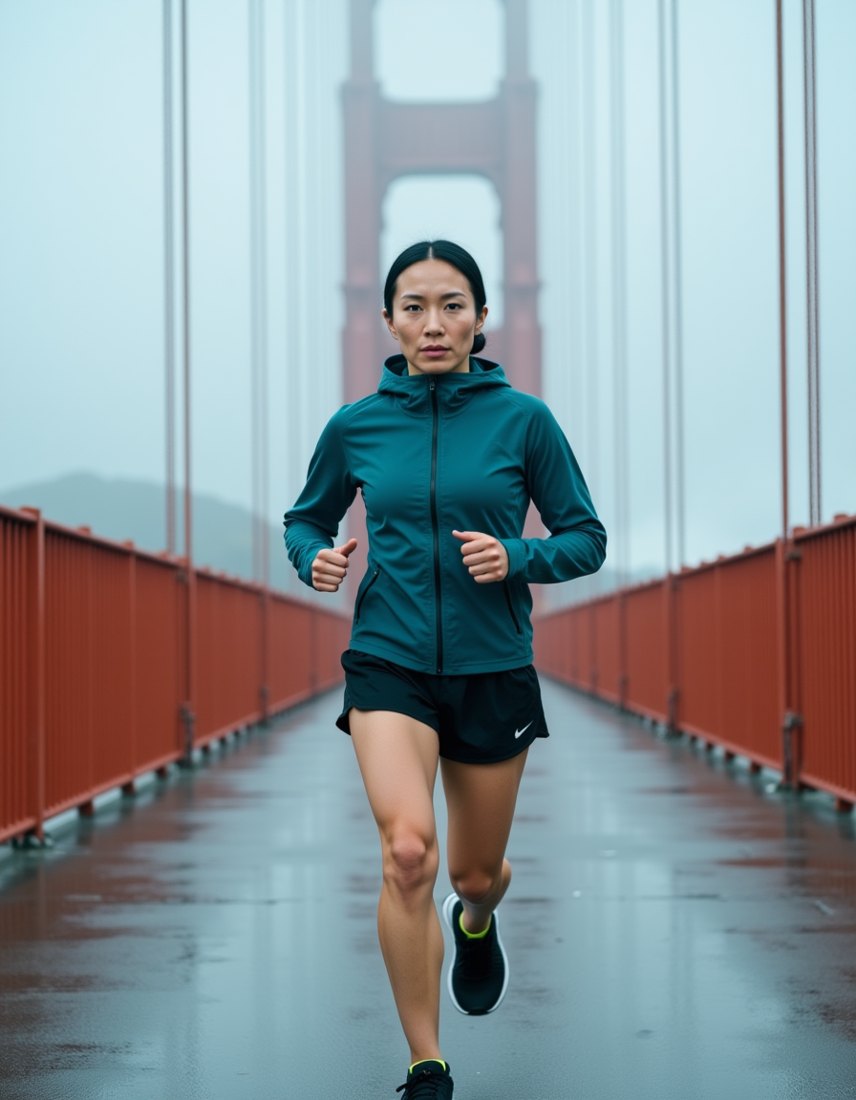 Mei on the Golden Gate Bridge in blue fog light, teal windbreaker