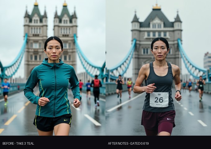 London before and after: teal windbreaker take versus final grey and burgundy take after notes