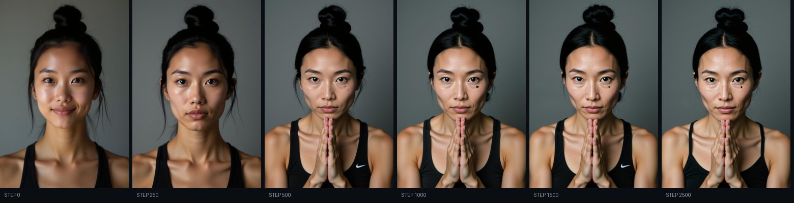 Training progression from step 0 to step 2500 converging on Mei's face