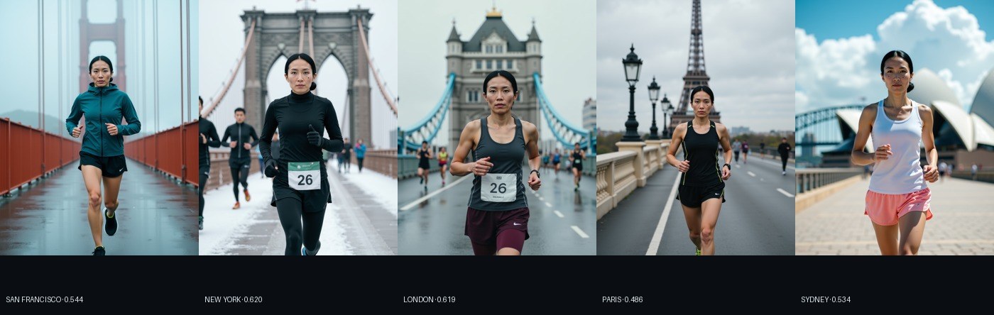 Five-city world tour grid: the same AI-generated runner in San Francisco, New York, London, Paris, and Sydney