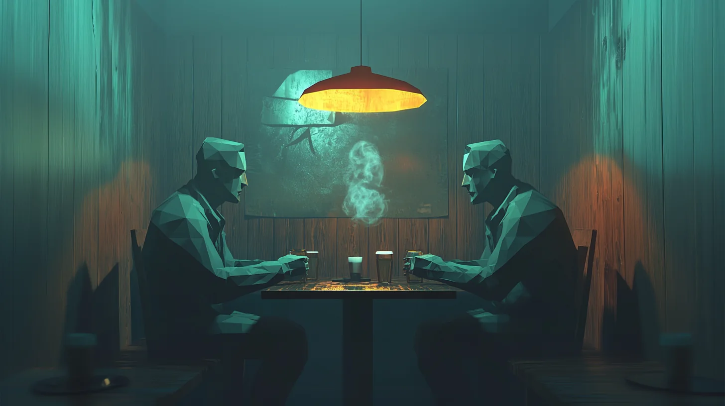 Bo Knows keyframe: same booth pushed in close, warm amber light on the two figures