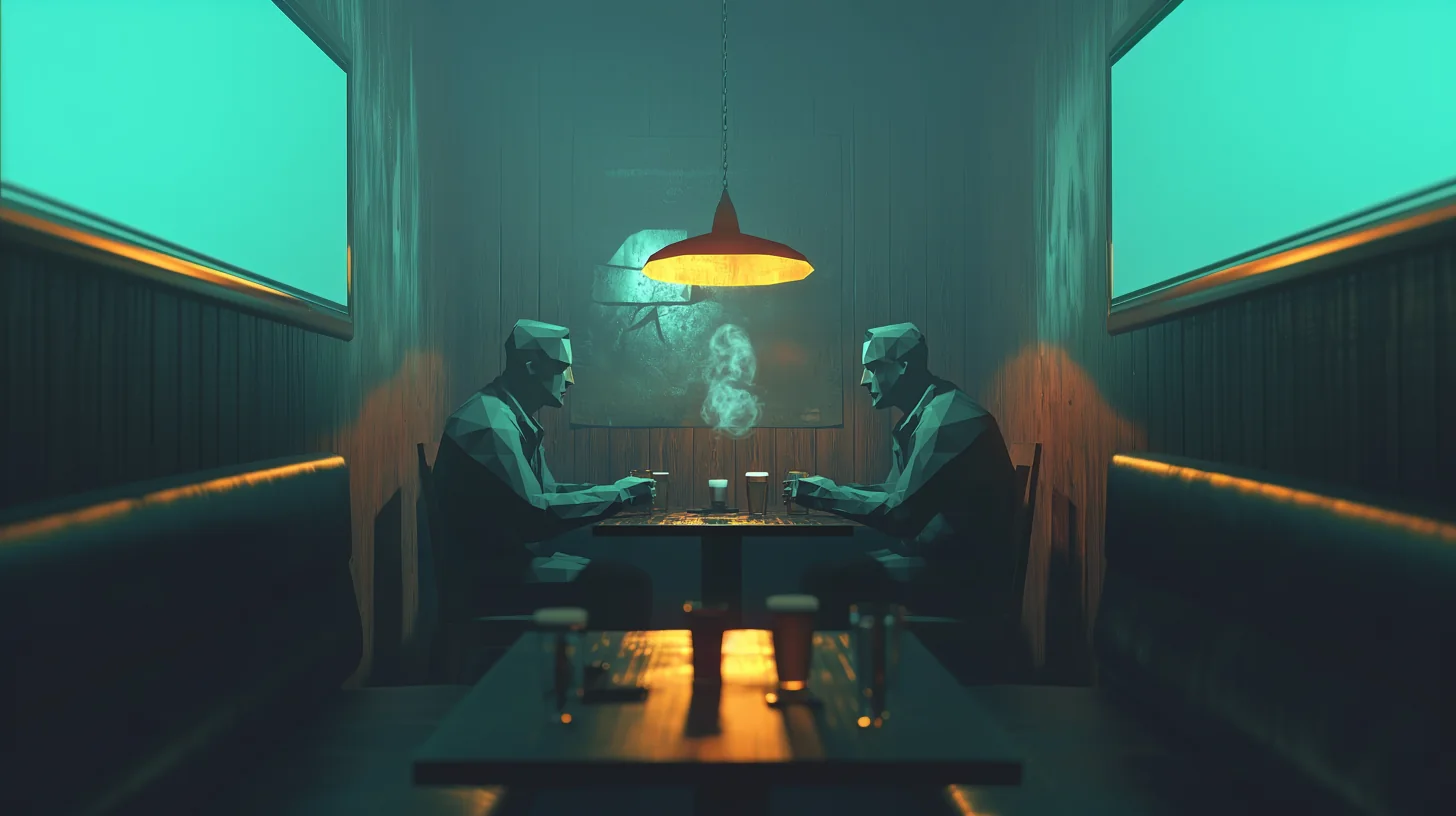 Bo Knows keyframe: two low-poly figures in a dim bar booth, wide shot, cool teal light