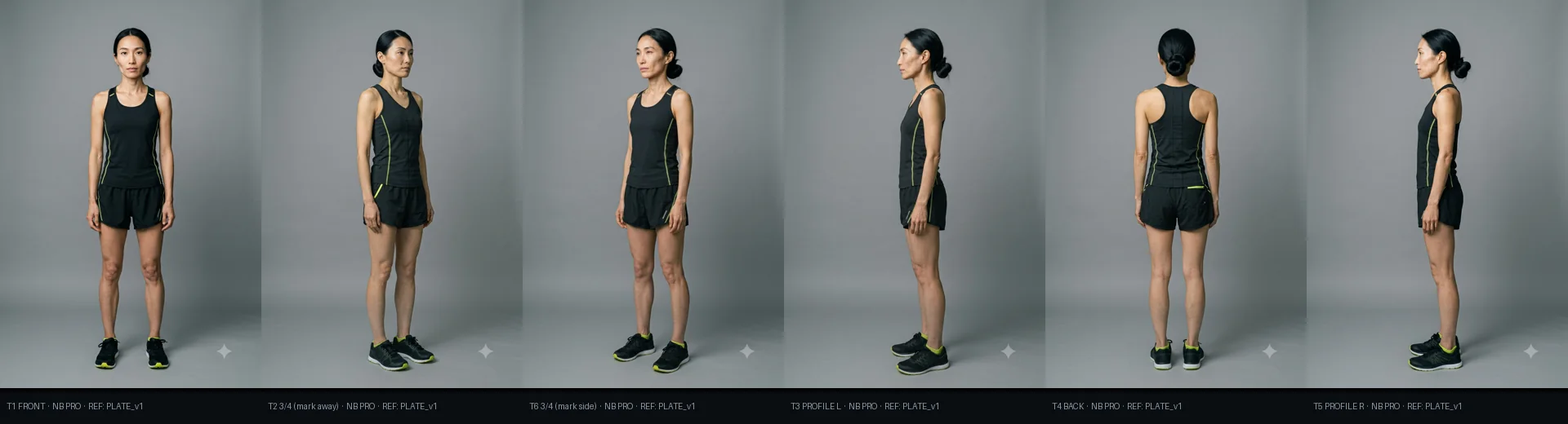 Six-angle studio turnaround board of Mei: front, three-quarter, profiles, and back, consistent face and wardrobe