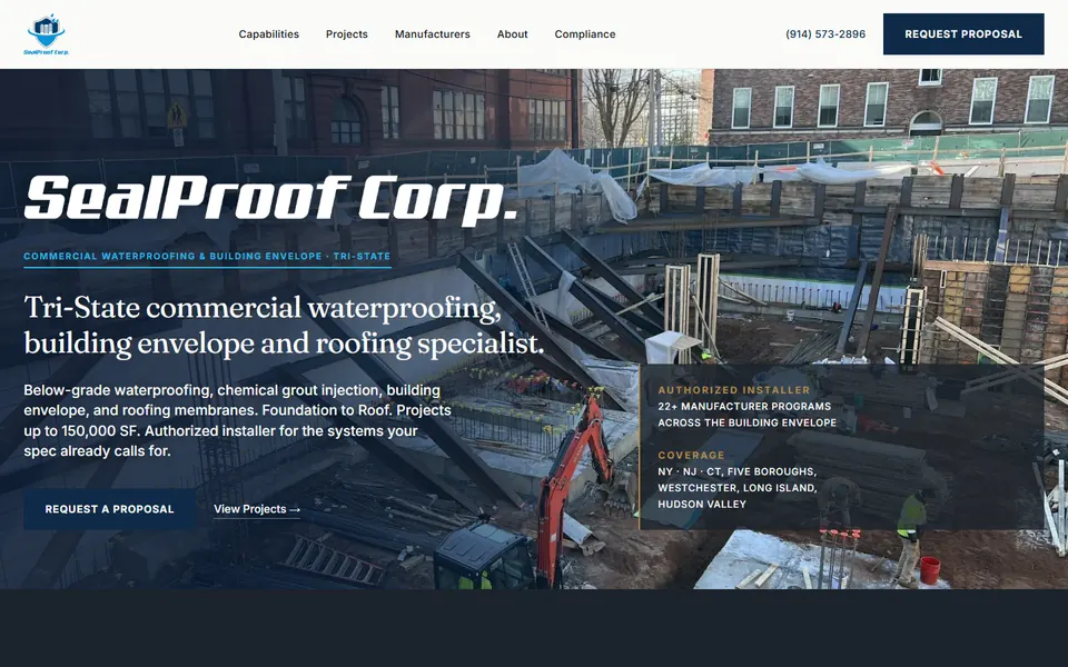 SealProof Corp website homepage, commercial waterproofing and building envelope, Tri State